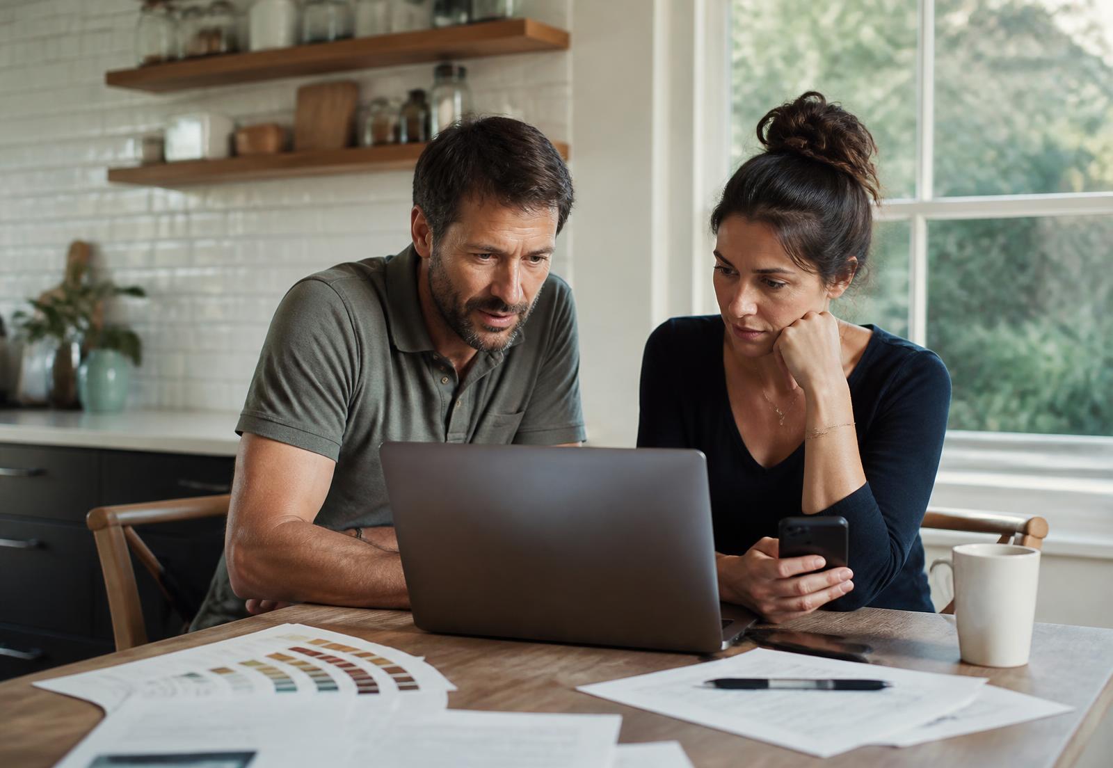 Homeowners researching options at their kitchen table